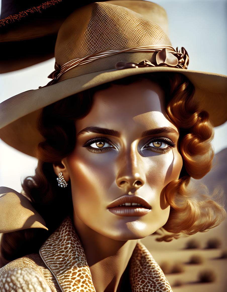 Stylized portrait of a woman in hat with desert backdrop