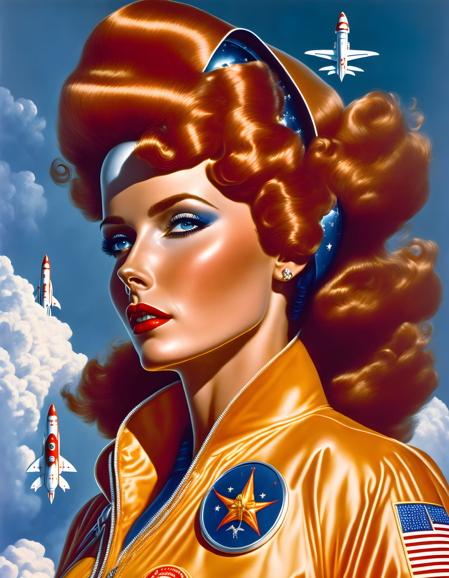 Vintage-style illustration of woman in pilot suit with rockets and clouds.