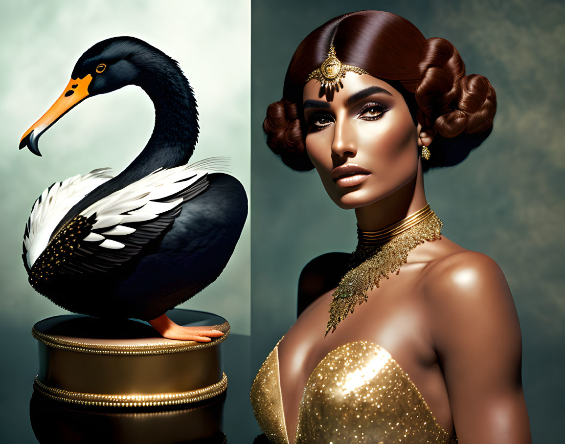 Black swan and woman with golden jewelry and stylish hair side by side