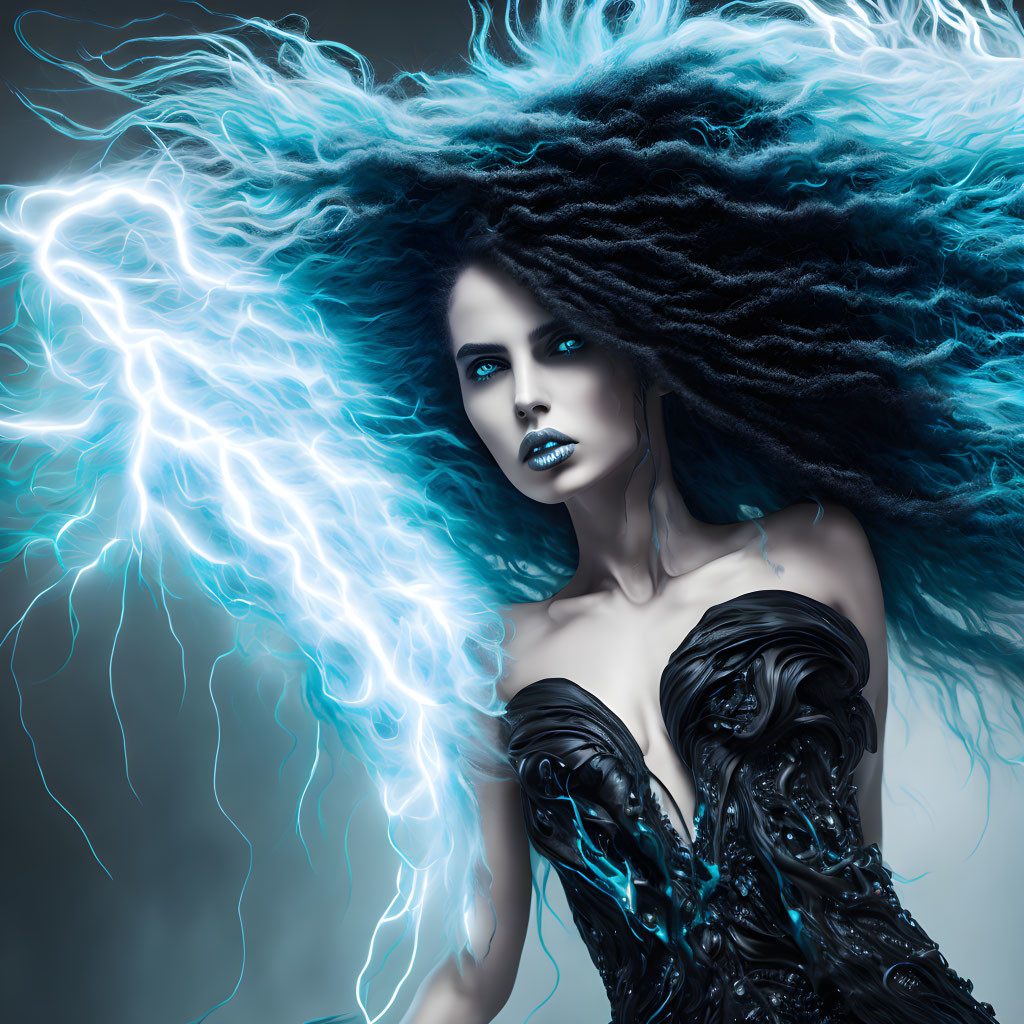 Woman with Black Hair and Blue Lightning in Dark Dress: Powerful Presence