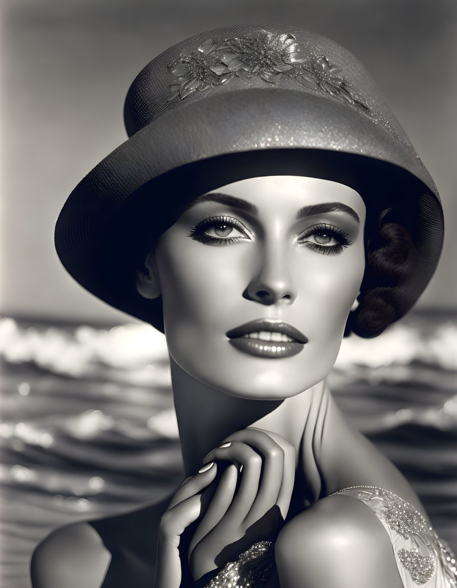 Monochrome portrait of elegant woman in vintage hat by seaside