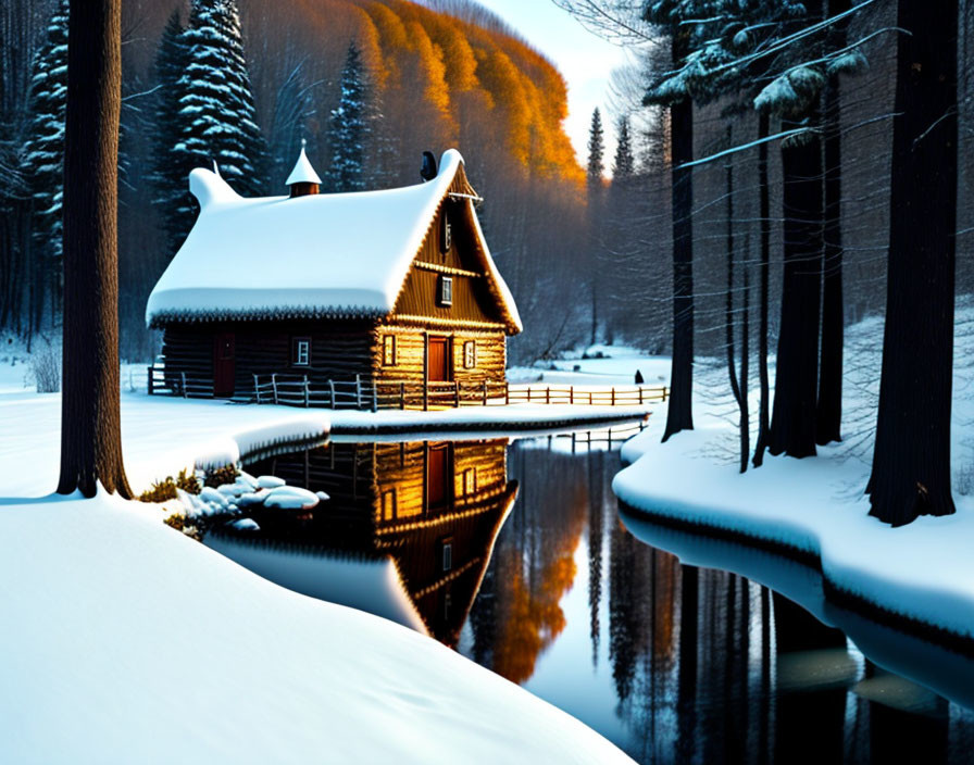 Serene snowy landscape: Cozy log cabin by illuminated lake