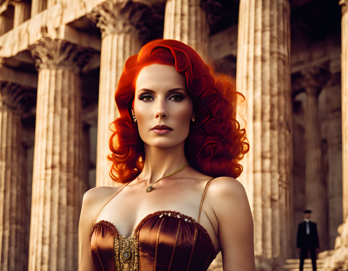 Vibrant red-haired woman in vintage attire near ancient pillars with man in suit.