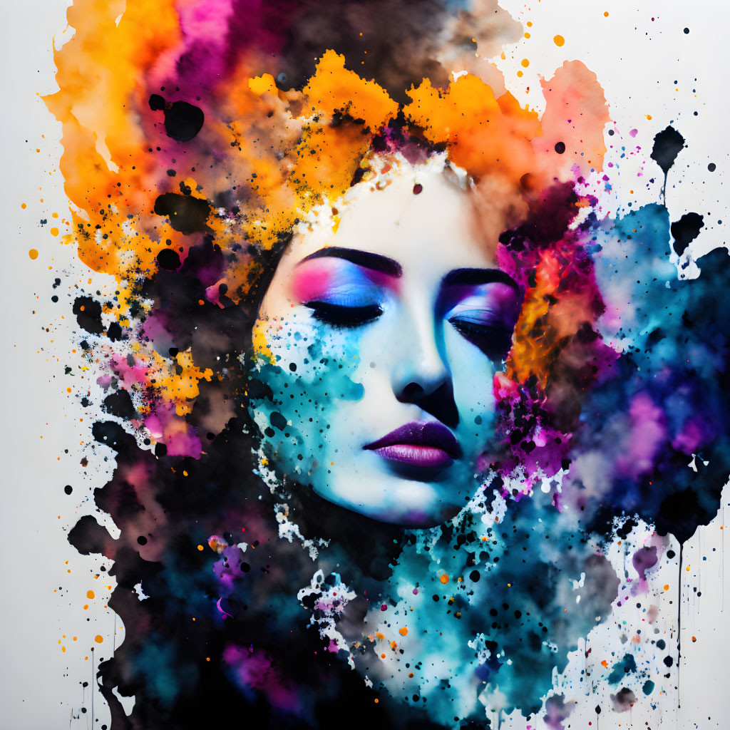 Vibrant woman's face in colorful ink splatters