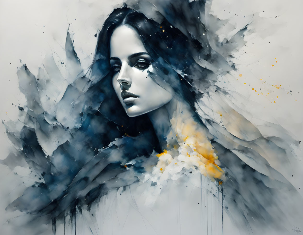 Artistic portrait of woman in serene expression with abstract black, gray, and yellow watercolor splashes