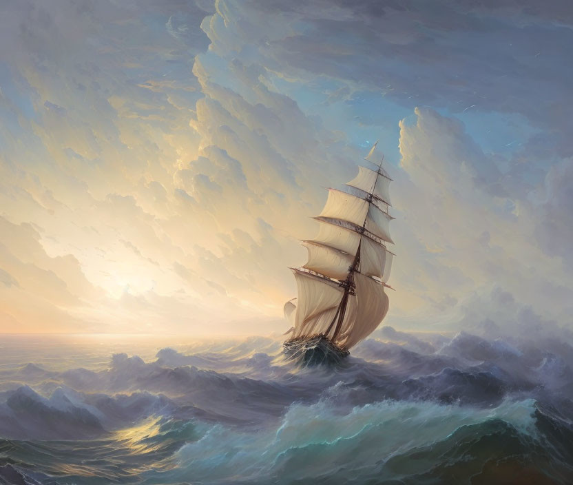 Tall ship sailing through dramatic waves and cloudy sky