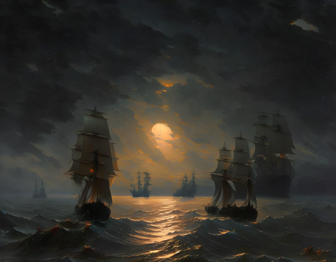 Sailing ships on turbulent sea under dramatic cloudy sky