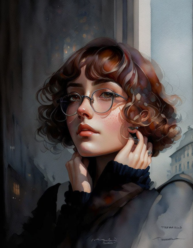 Young woman with curly hair and glasses gazes out window in cityscape illustration