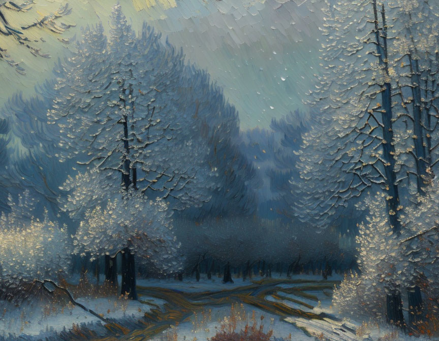 Snowy forest painting with thick trees and a path, detailed brushwork, wintry atmosphere