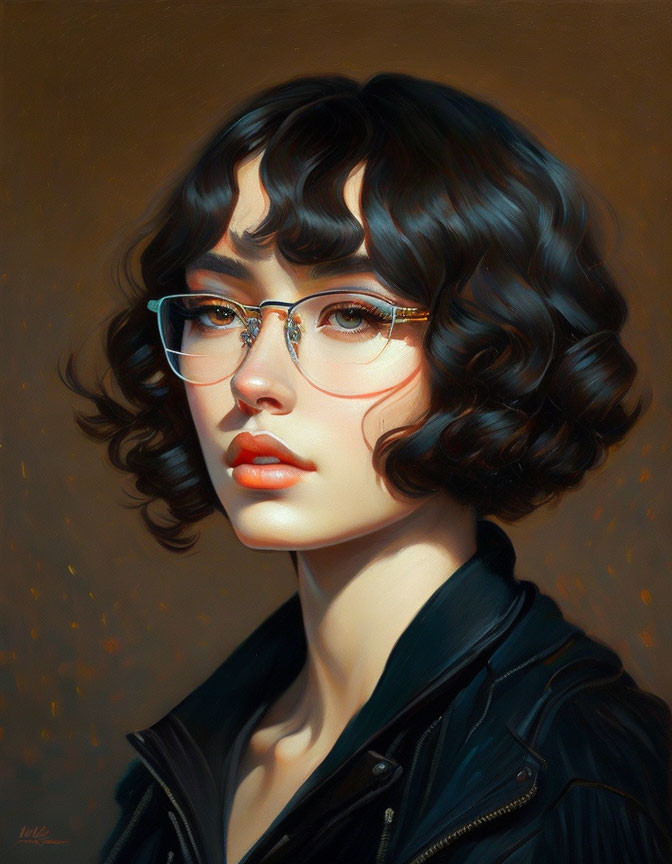 Portrait of woman with short curly hair, glasses, and black jacket.