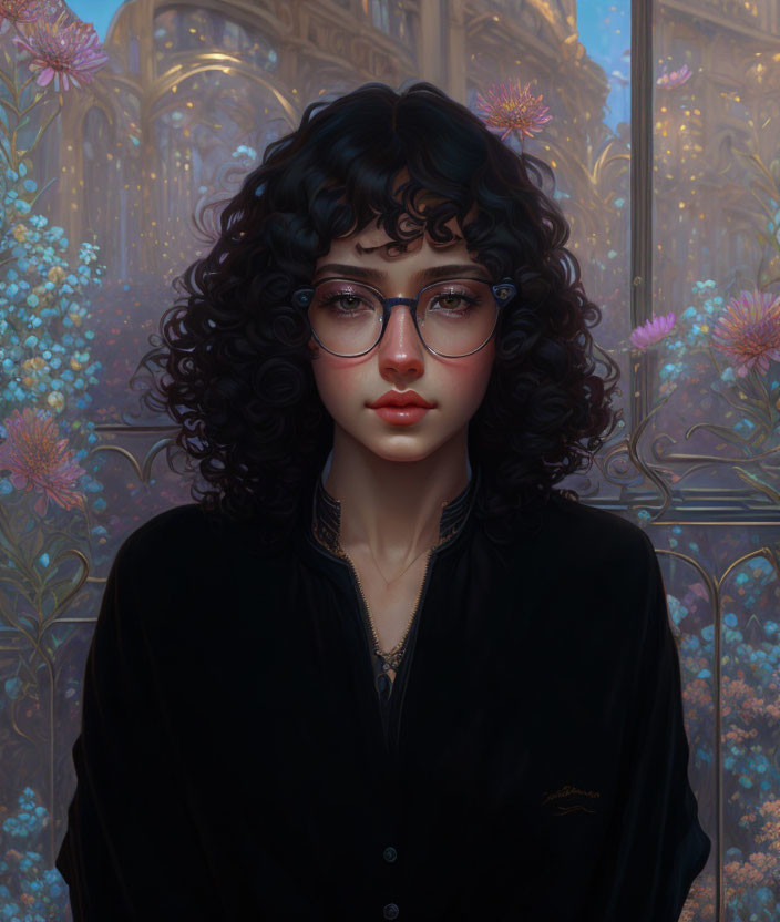 Digital artwork featuring young woman with curly black hair and glasses against floral architectural backdrop