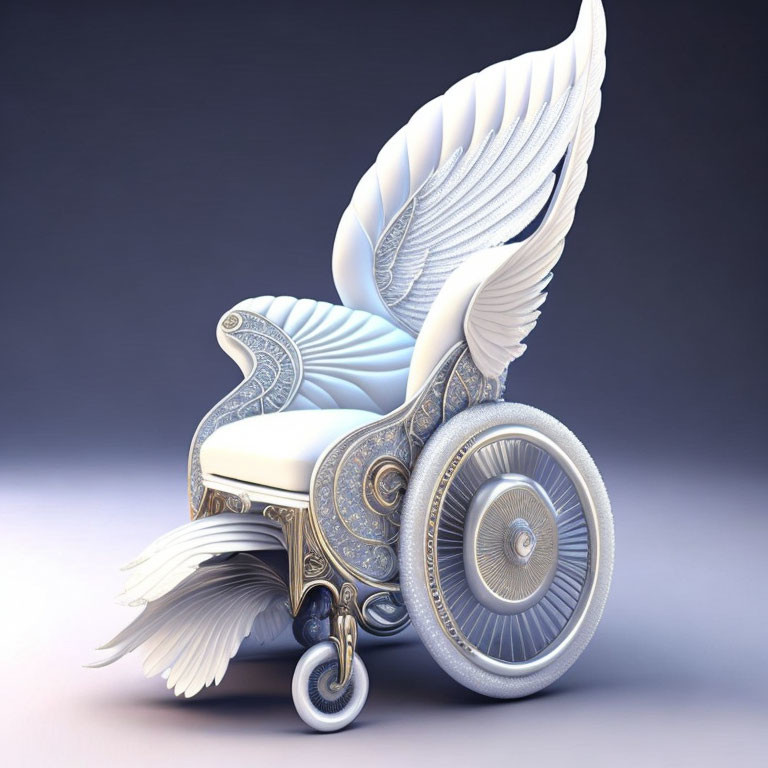 Fantasy-style wheelchair with white wings and blue-gold patterns