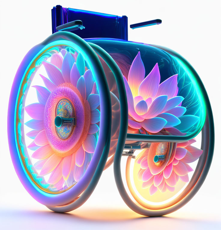 Colorful Wheelchair with Glowing Flower Wheels in Purple, Blue, and Pink