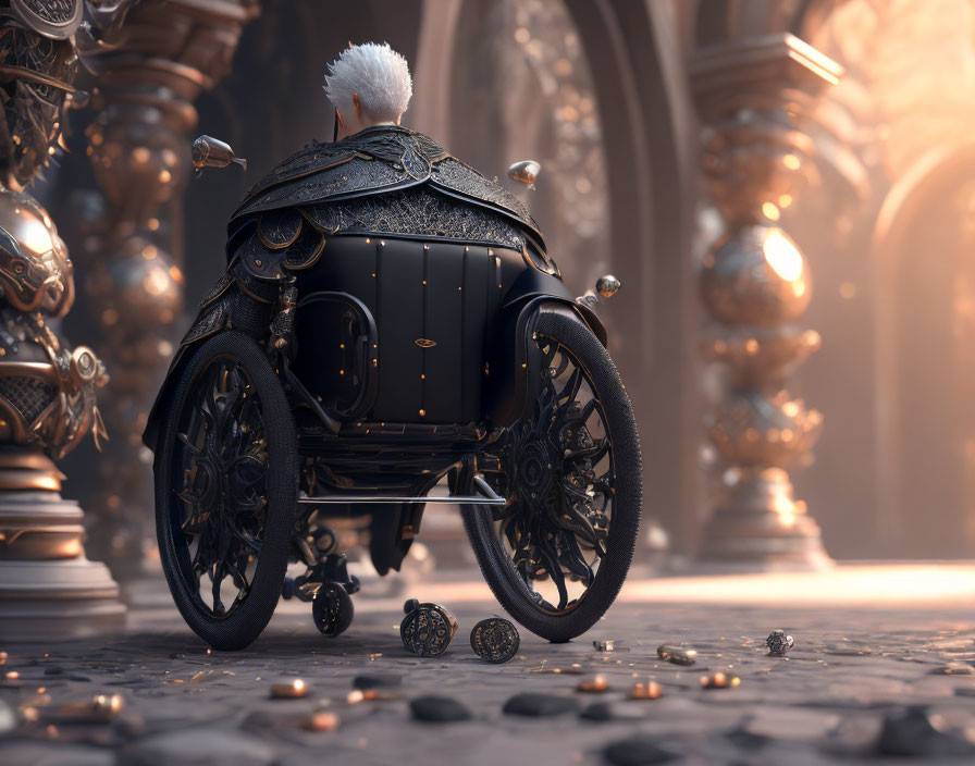 Gothic-style wheelchair with white-haired figure in dimly lit hall