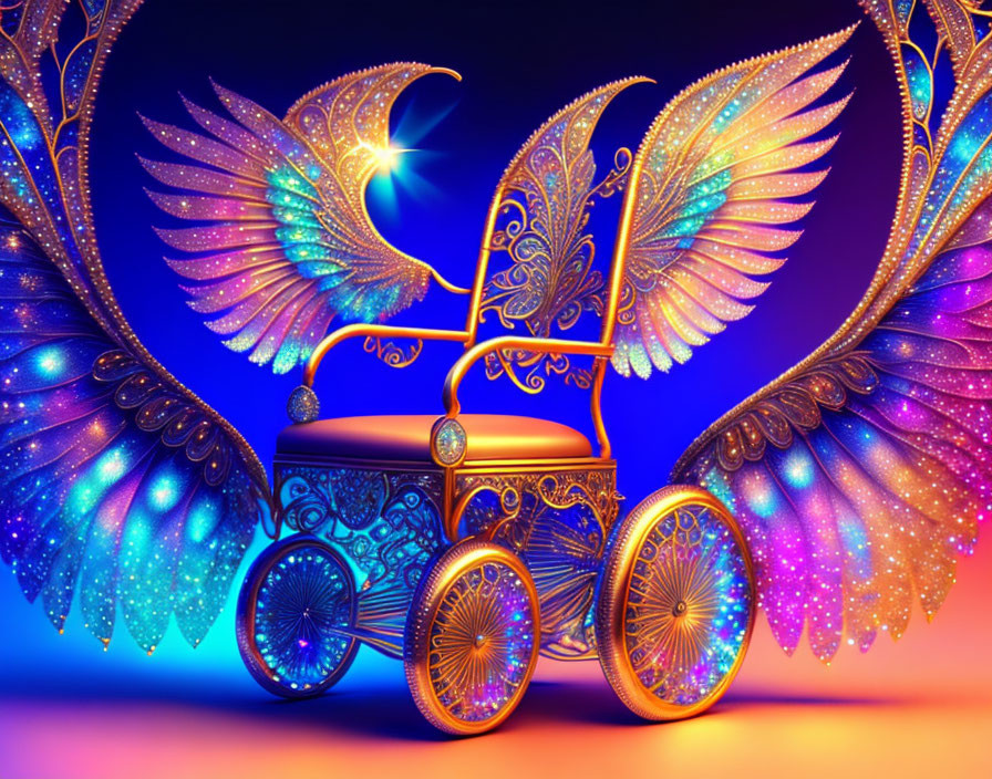 Glowing ornate carriage with large wings on vibrant background