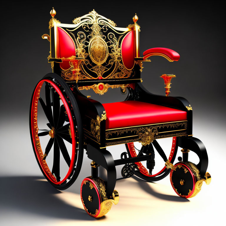 Luxurious Red and Black Wheelchair with Golden Embellishments