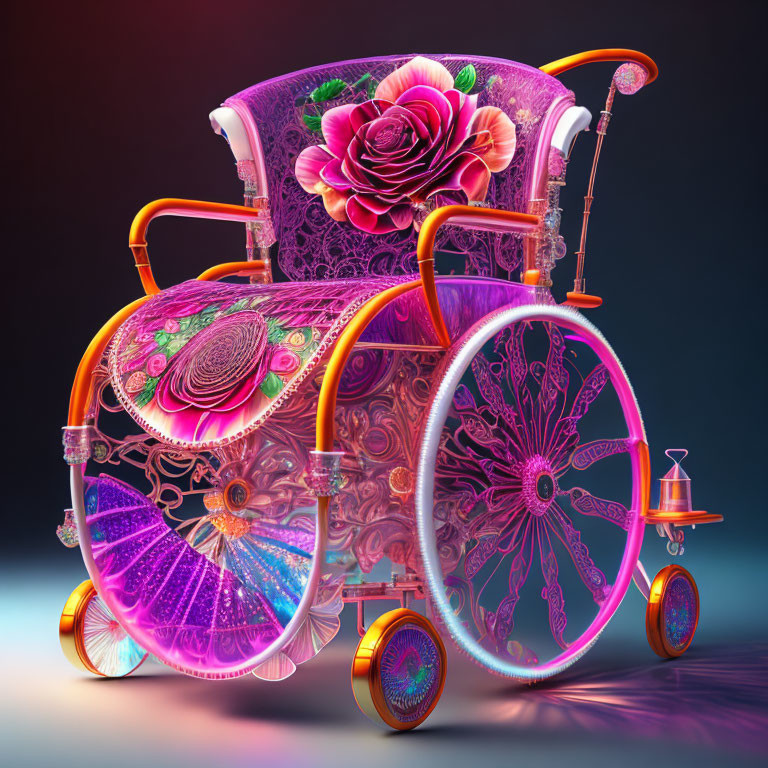 Colorful Floral Patterned Wheelchair with Neon Pink and Purple Hues