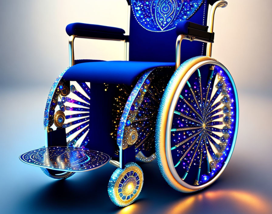 Blue Wheelchair with Ornate Patterns and Sparkling Lights