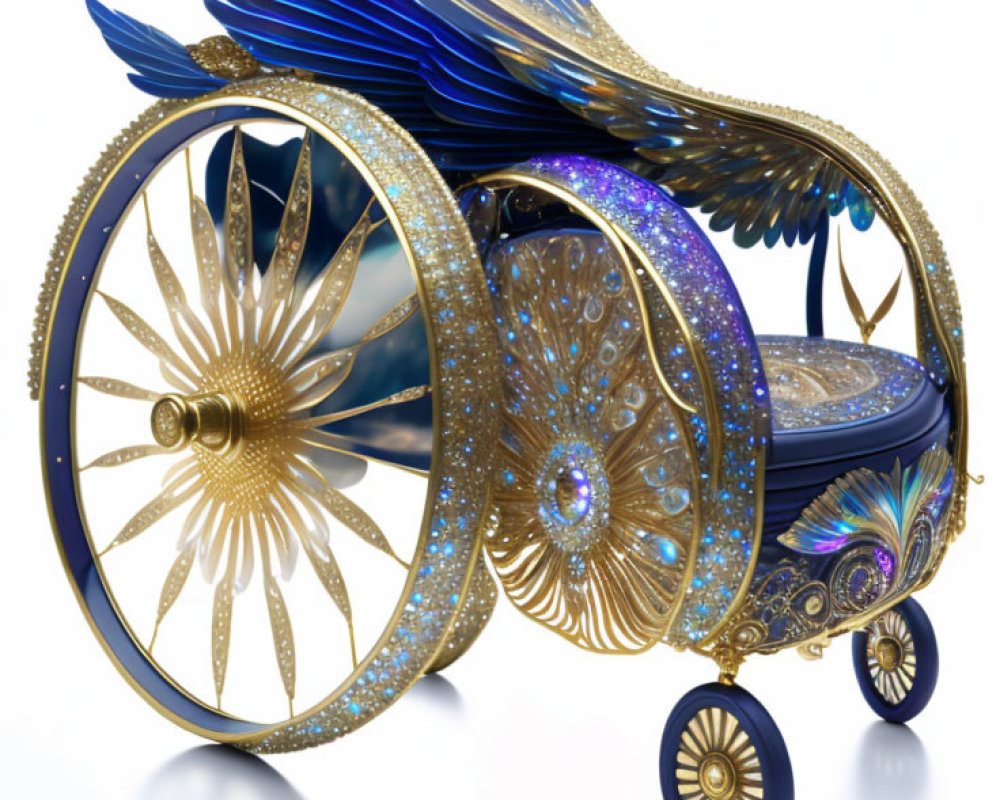 Golden fantasy carriage with blue feather details and intricate patterns