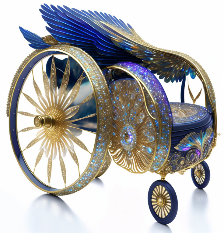 Golden fantasy carriage with blue feather details and intricate patterns