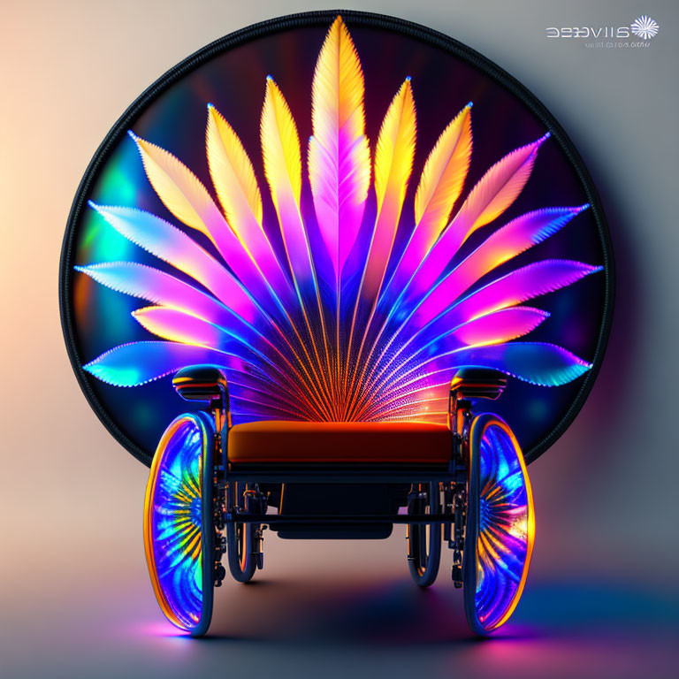 Colorful Peacock Tail Design on Illuminated Wheelchair with Neon Wheels