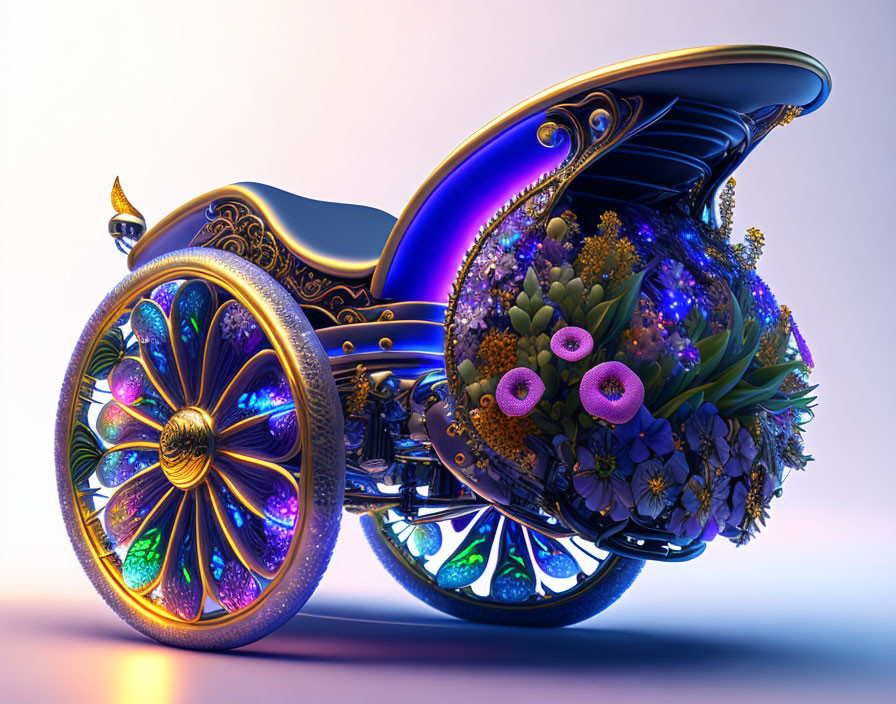 Intricate and colorful fantasy carriage adorned with vibrant flowers