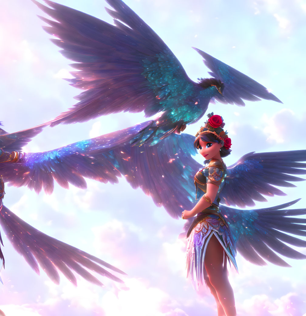 Blue-winged animated female character against pink clouds