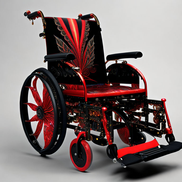 Intricate Red and Black Patterned Custom Wheelchair