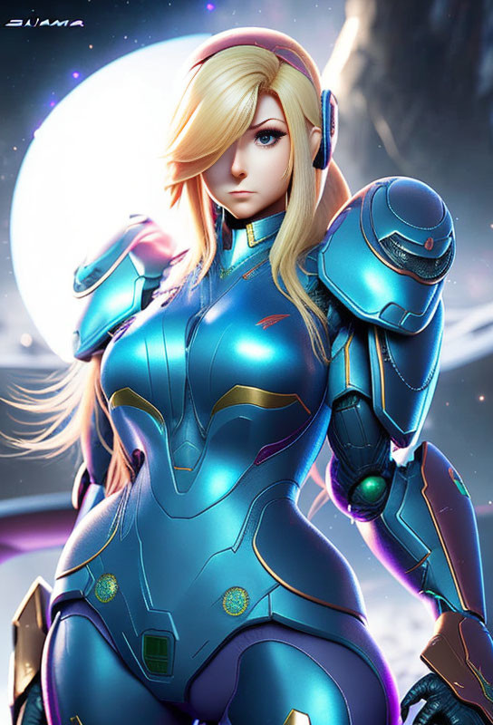 Blonde armored female character in futuristic suit with confident pose against space background