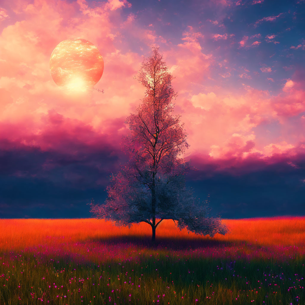 Solitary tree in vibrant field under oversized red moon & surreal sunset sky