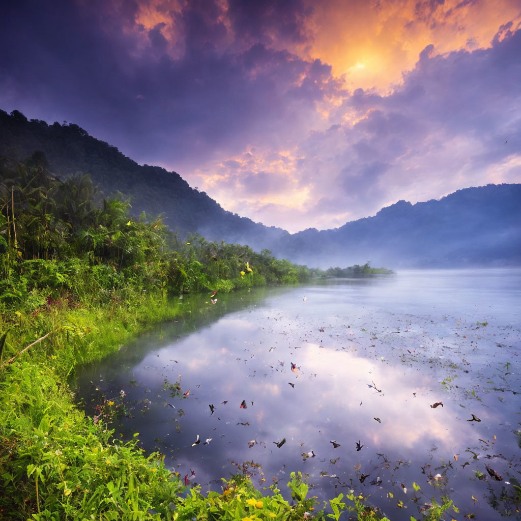 Tranquil lake at sunrise with lush greenery and misty hills