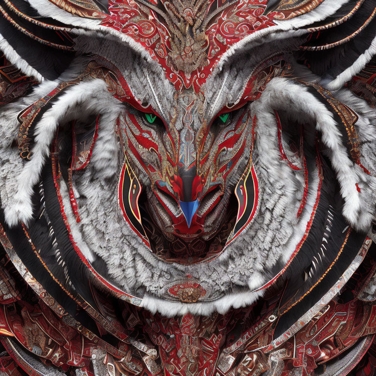 Symmetrical fantastical creature with white fur and red/gold patterns