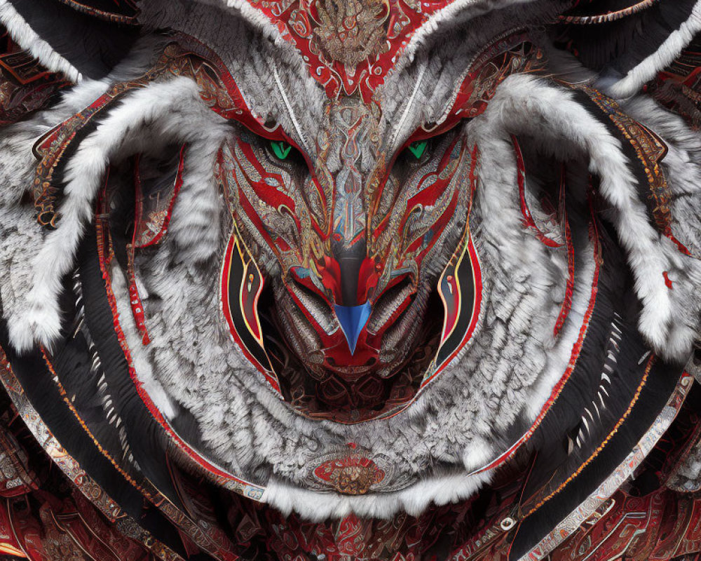 Symmetrical fantastical creature with white fur and red/gold patterns