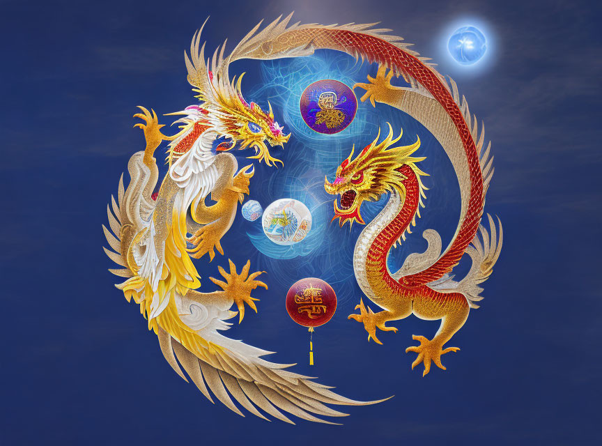 Intricately designed gold and red dragons circling cosmic orb in digital art.