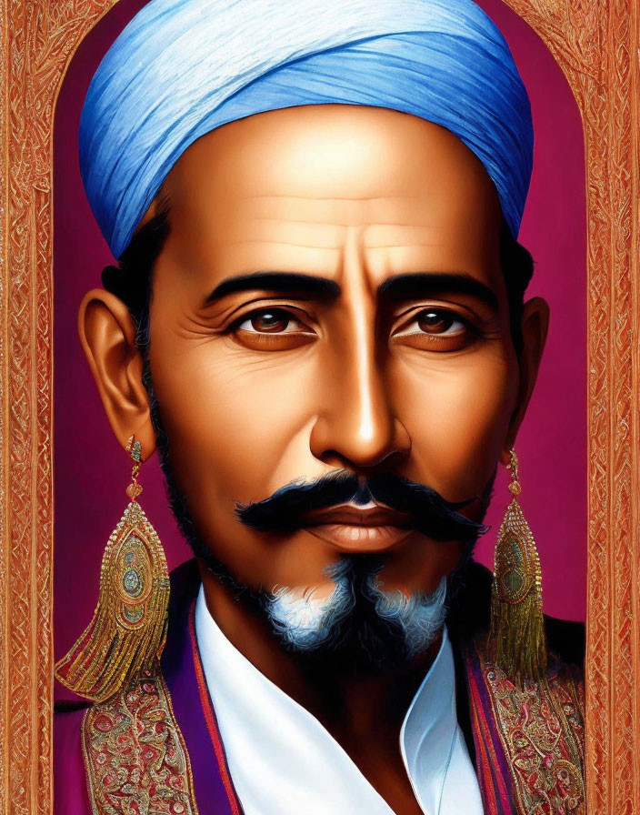 Man with Turban, Mustache, and Earrings on Patterned Background