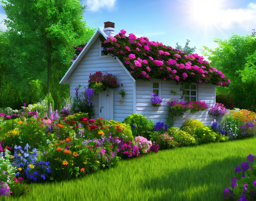 Charming white cottage with flower-covered roof in lush garden