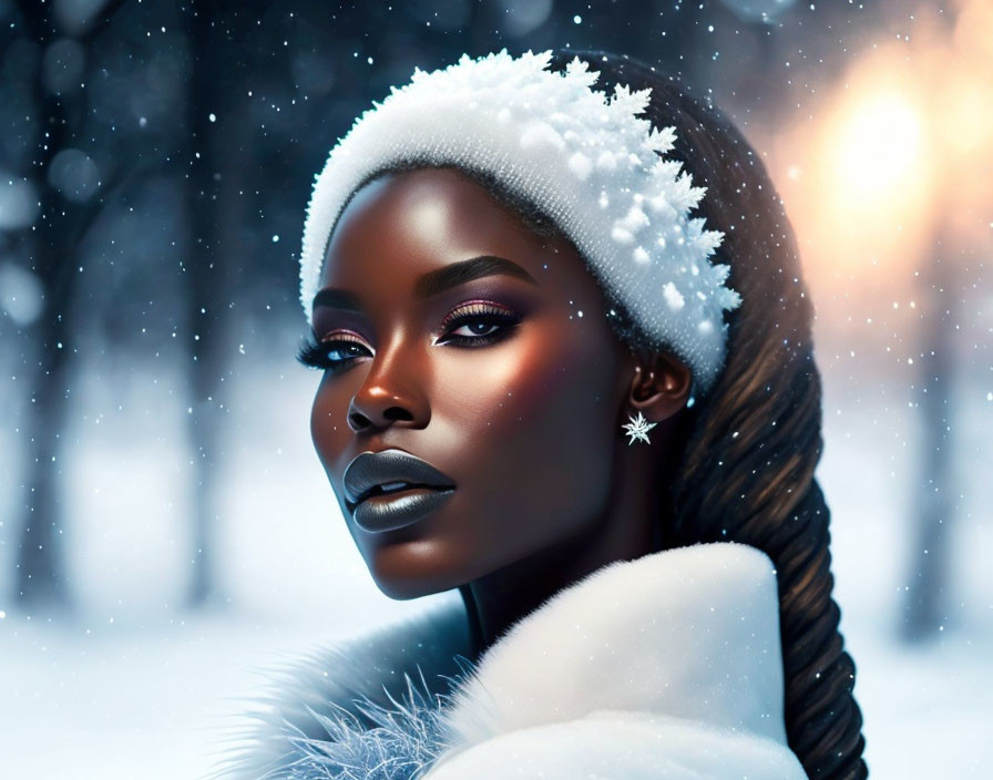 Digital portrait of woman with snow in hair, dramatic makeup, white outfit, winter background