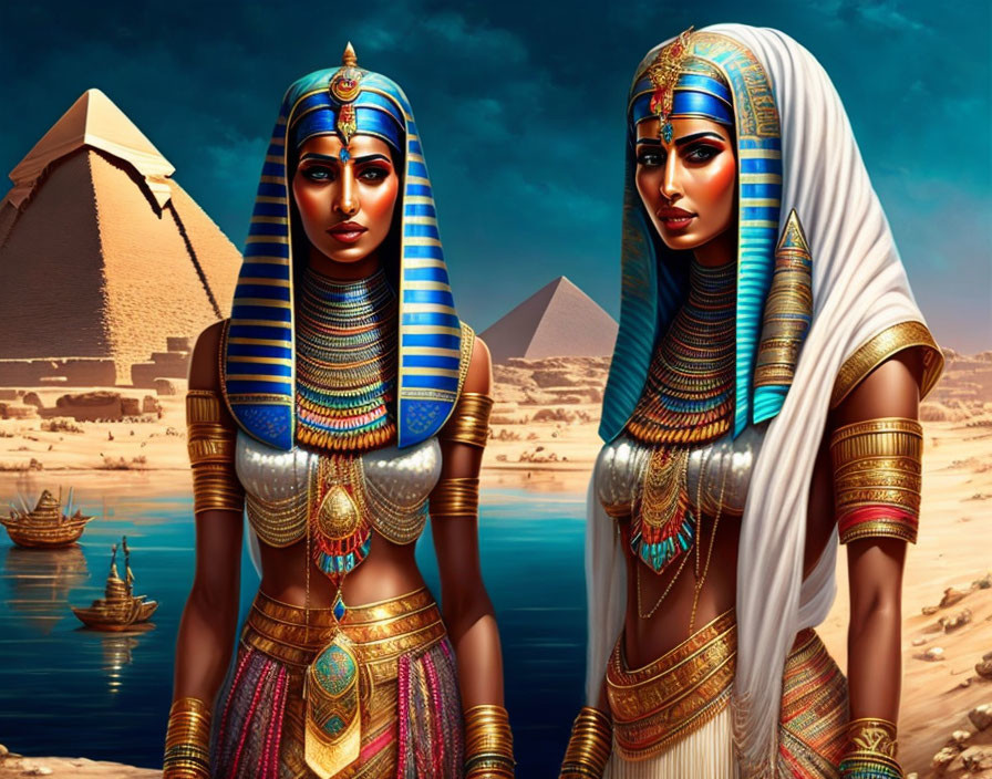 Two women as Ancient Egyptian queens with elaborate headdresses and jewelry, pyramids, and the Nile River