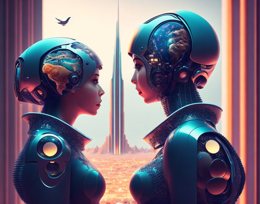 Futuristic cityscape with humanoid robots and globe-like helmets