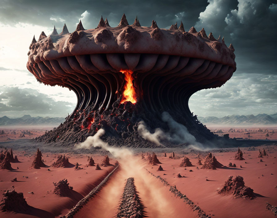 Enormous mushroom-shaped structure in barren, reddish landscape with flowing lava.