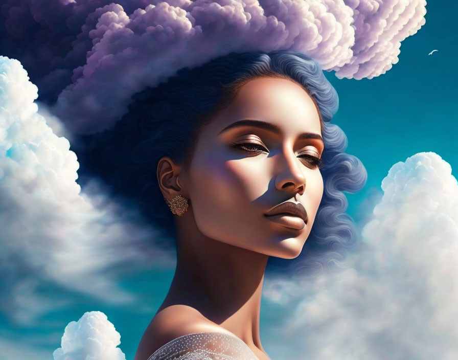 Blue-skinned woman with curly hair in surreal sky