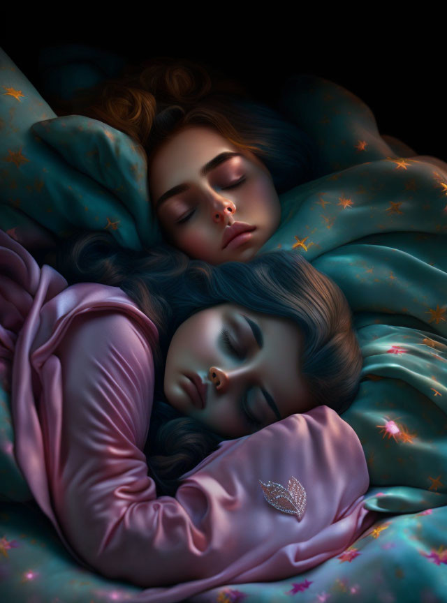 Two individuals peacefully sleeping under star-patterned blanket in dimly lit setting