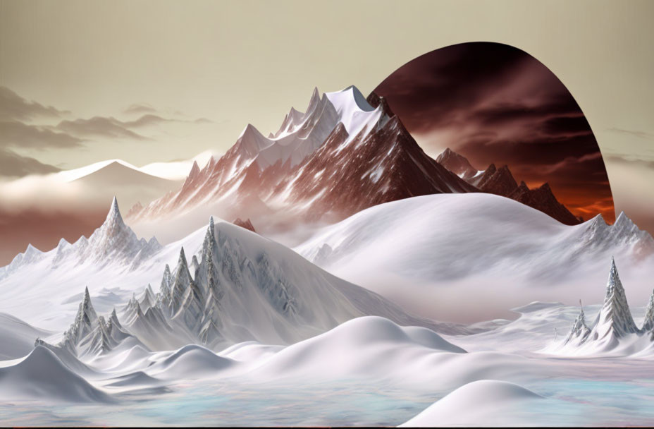 Snowy mountains in surreal landscape with circular portal