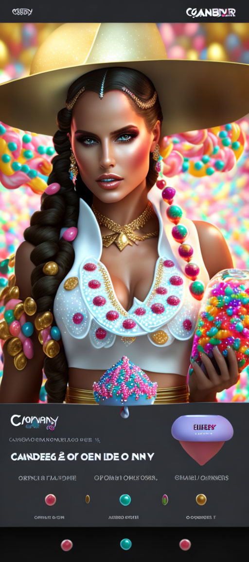 Digital artwork: Woman with candy-themed makeup holding jeweled cupcake