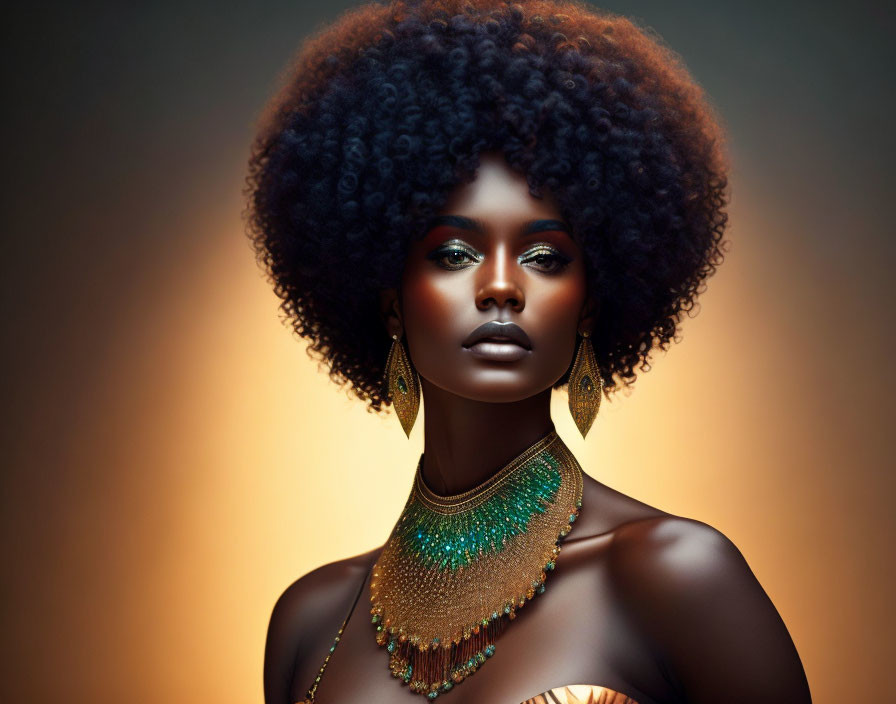 Voluminous Afro Woman with Striking Makeup and Statement Jewelry