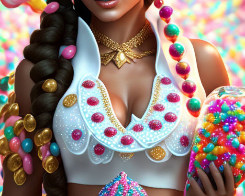 Digital artwork: Woman with candy-themed makeup holding jeweled cupcake