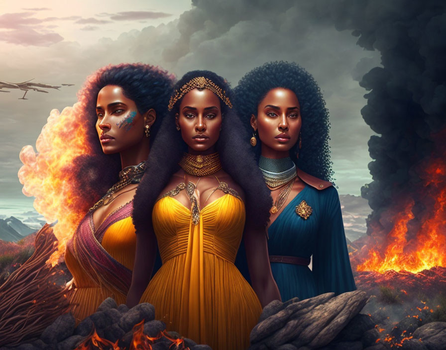 Three regal women with elaborate hairstyles and ornate jewelry against a backdrop of smoke and lava.