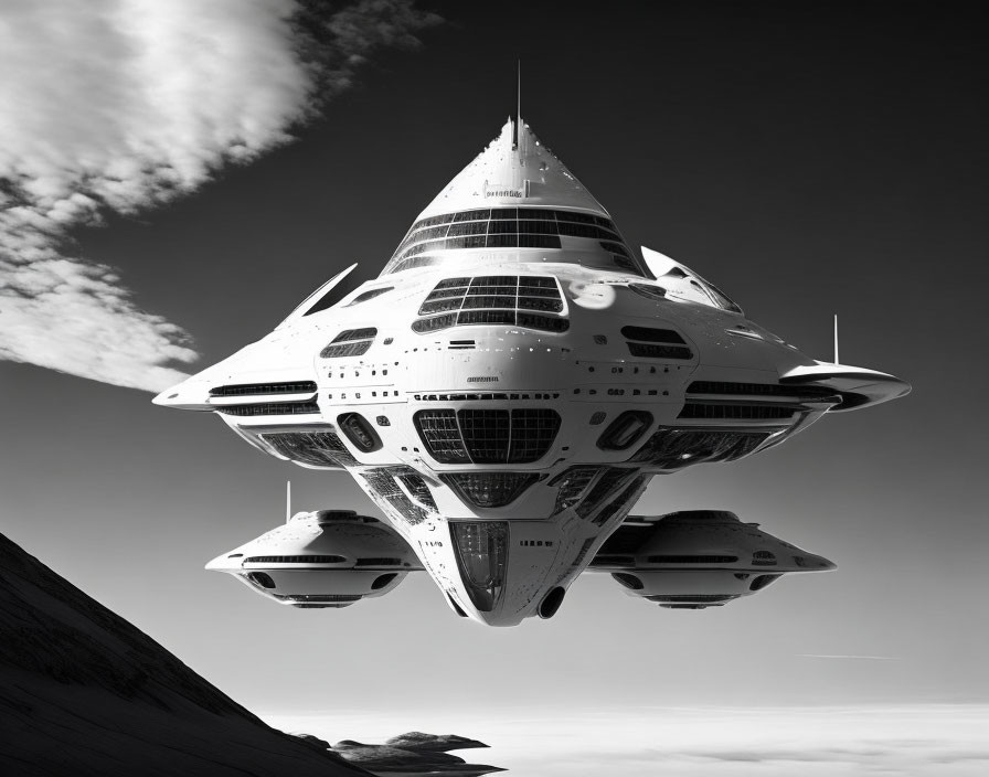 Futuristic spaceship with multiple levels above barren landscape