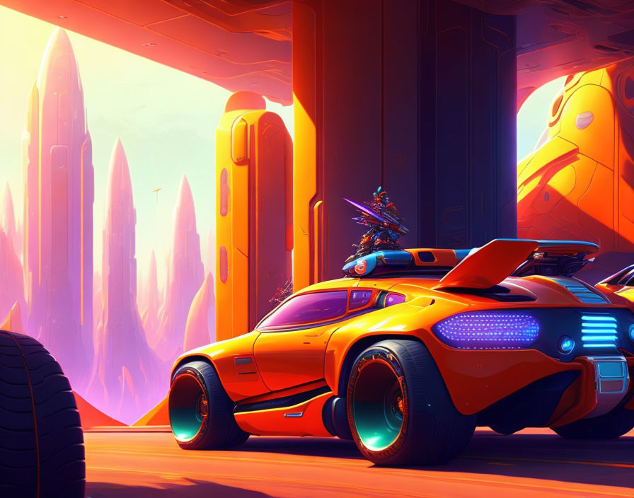 Futuristic orange car in alien landscape with glowing blue lights