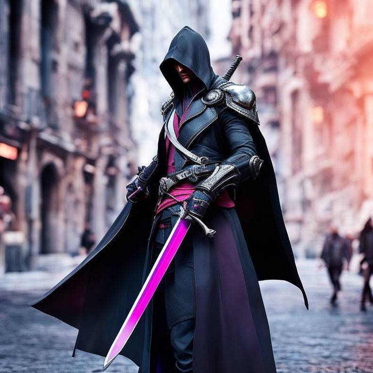 Cloaked figure with neon sword in cobbled alley - futuristic knight in old-world setting